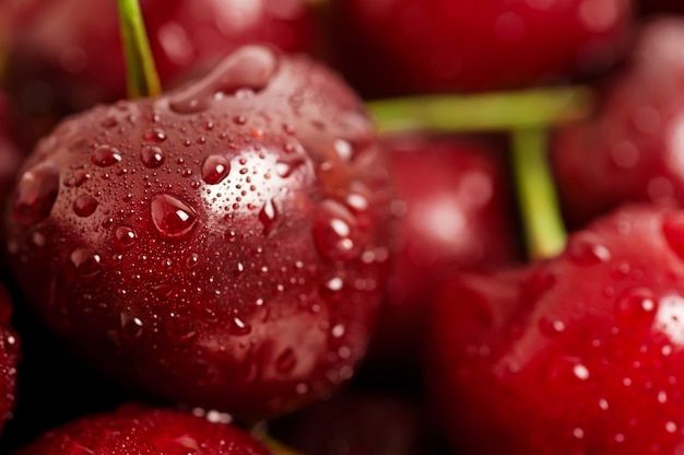 Sfondo da dolce ciliegia rossa bagnata fresca, immagine macro