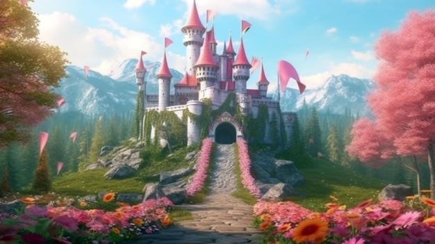 Sfondo da favola con il castello della principessa nella foresta Castello con bandiere rosa generative ai