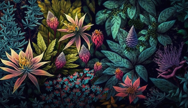 Sfondo dalla foresta fresco bellissimo diverso tipo di fiori colorati generati dall'intelligenza artificiale