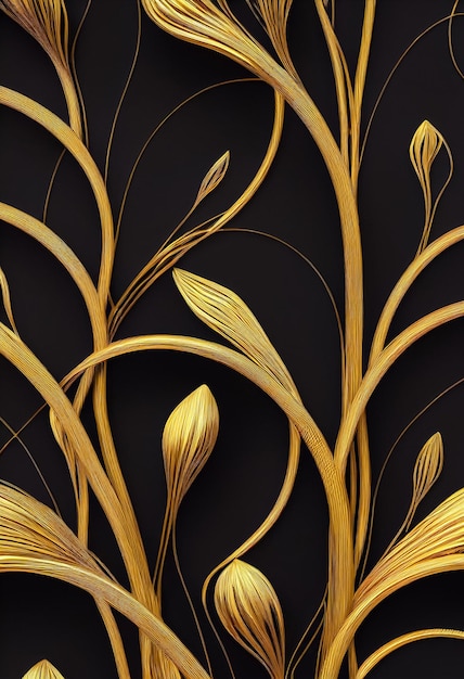 Sfondo decorativo con fiori metallici in filo d'oro filigranato su illustrazione 3D nera