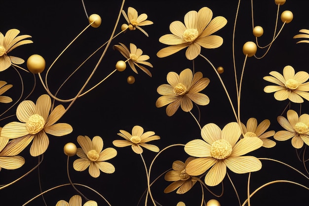 Sfondo decorativo con fiori metallici in filo d'oro filigranato su illustrazione 3D nera