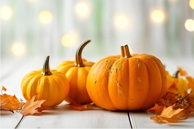 Sfondo decorativo di zucca e foglie autunnali secche su disposizione in legno all'interno Concetto di Halloween