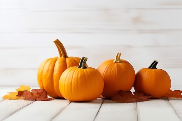 Sfondo decorativo di zucca e foglie autunnali secche su disposizione in legno all'interno Concetto di Halloween