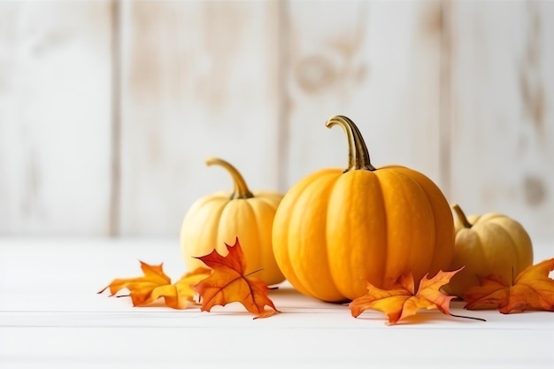 Sfondo decorativo di zucca e foglie autunnali secche su disposizione in legno all'interno Concetto di Halloween