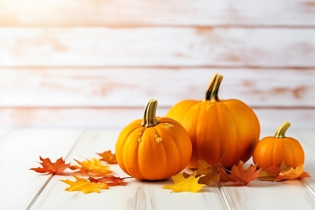 Sfondo decorativo di zucca e foglie autunnali secche su disposizione in legno all'interno Concetto di Halloween