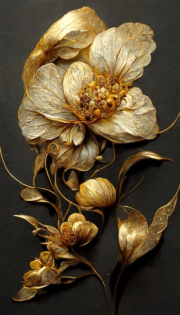 Sfondo decorativo fiore d'oro di lusso Bella illustrazione 3D di arte floreale in metallo prezioso