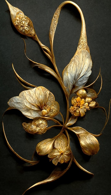 Sfondo decorativo fiore d'oro di lusso Bella illustrazione 3D di arte floreale in metallo prezioso