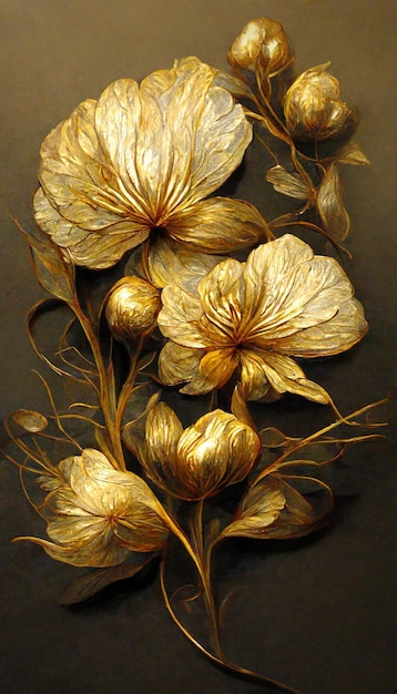 Sfondo decorativo fiore d'oro di lusso Bella illustrazione 3D di arte floreale in metallo prezioso