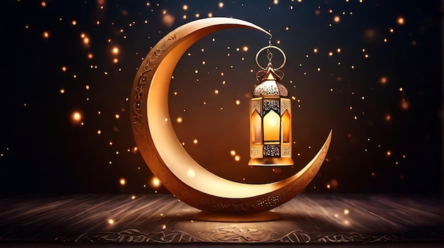 sfondo decorativo islamico con lanterna e luna crescente stile di lusso