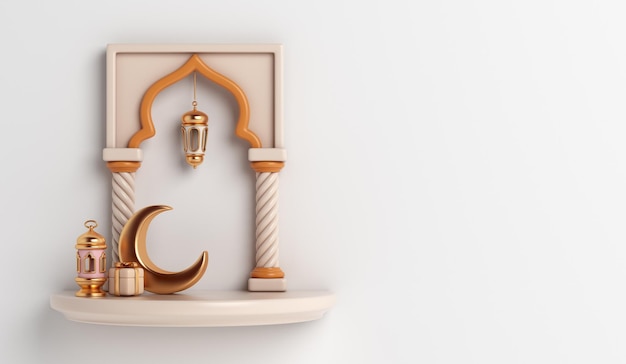 Sfondo decorazione islamica con finestra moschea, lanterna, falce di luna, confezione regalo, rendering 3d