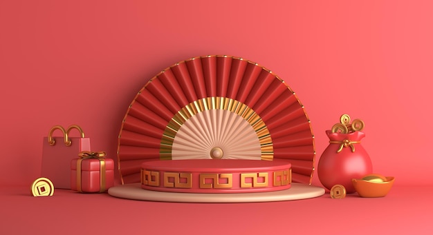 Sfondo del capodanno cinese 2023 con podio dispaly, borsa fortunata, confezione regalo, ventaglio a mano, lingotto