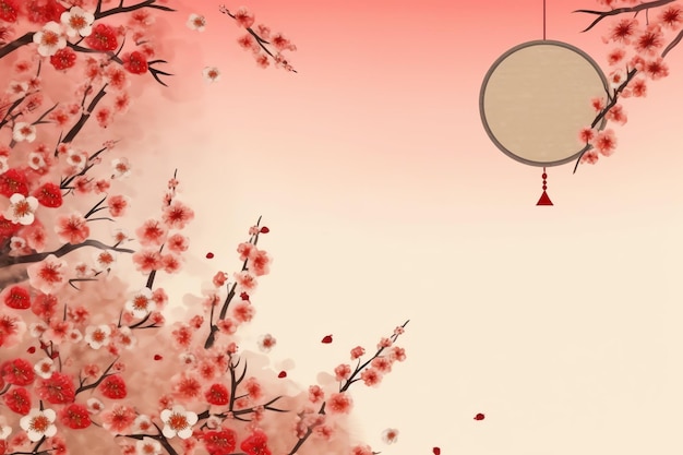 sfondo del capodanno cinese con lanterne tradizionali fiori di sakura e copia dello spazio capodanno lunare