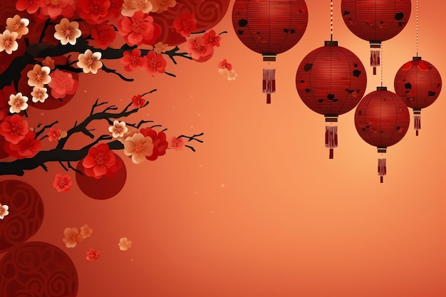 Sfondo del Capodanno cinese con lanterne tradizionali fiori sakura e spazio per la copia Capodanno lunare