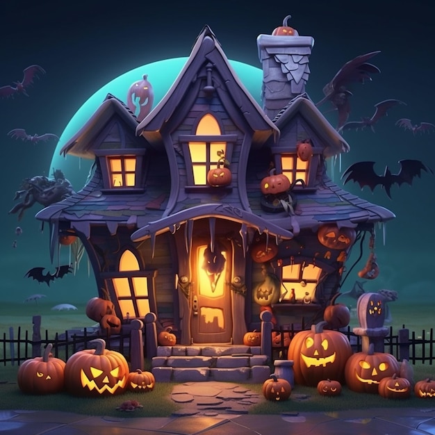 Sfondo del castello di Halloween con candele di zucche spaventose nel cimitero di notte