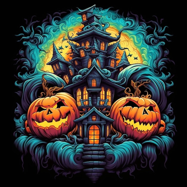 Sfondo del castello di Halloween con candele di zucche spaventose nel cimitero di notte