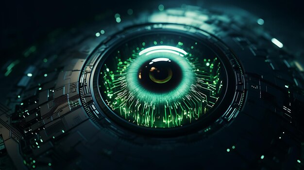 sfondo del concetto di tecnologia futura del circuito informatico dell'occhio verde Illustrazione ai generativa