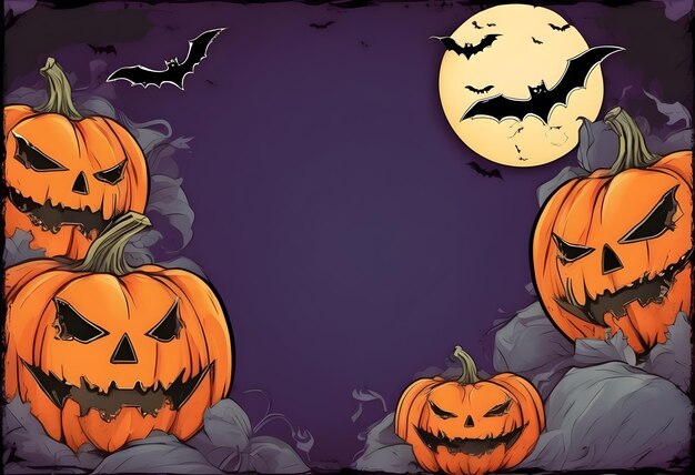 Sfondo del confine di Halloween con zucche raccapriccianti in stile cartone animato