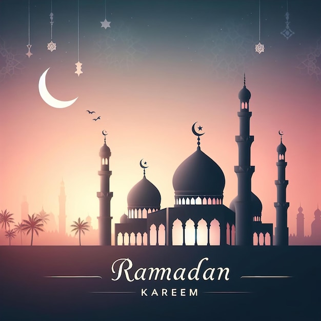 Sfondo del design della moschea del tramonto della luna del Ramadan