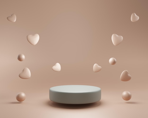 Sfondo del display del podio 3D Beige con cuori levitanti Presentazione del prodotto cosmetico di bellezza Vetrina pastello minima Studio astratto amore San Valentino rendering 3D