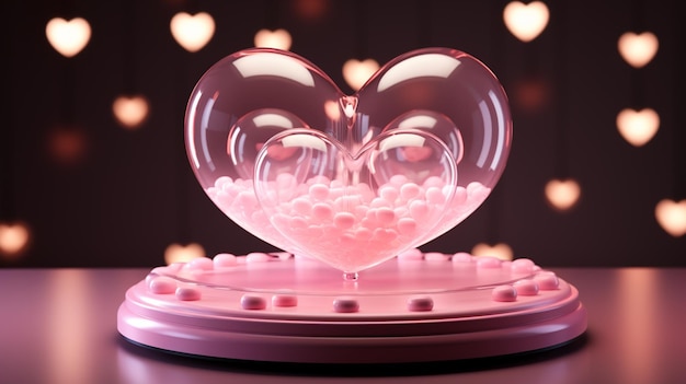 Sfondo del display del podio 3d piedistallo rosa chiaro con cuori levitanti in vetro