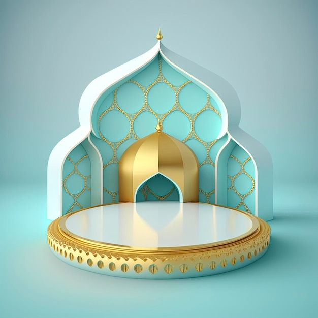 Sfondo del display del prodotto a tema islamico nel disegno di illustrazione del rendering 3d Telaio del portale della moschea con podio o palco e spazio vuoto