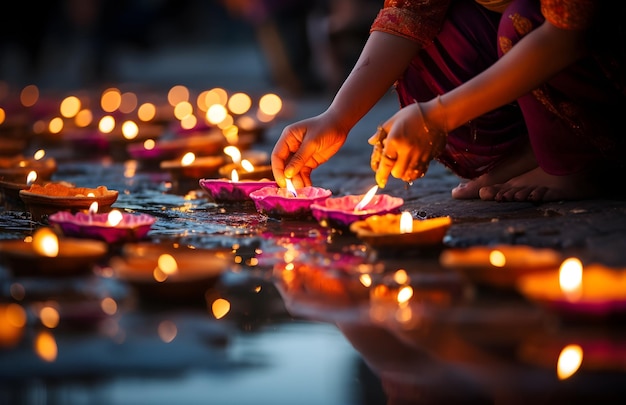 Sfondo del festival Happy Diwali con candele e diya generati dall'intelligenza artificiale