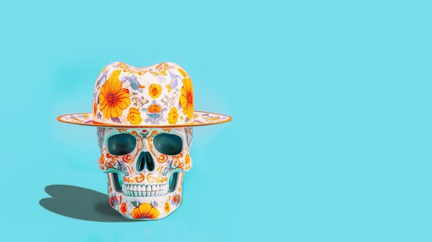Sfondo del Giorno dei Morti. Teschio umano dipinto in cappello per il giorno dei morti del Messico (El Dia de Muertos) su sfondo azzurro con spazio per la copia. Ai generativi