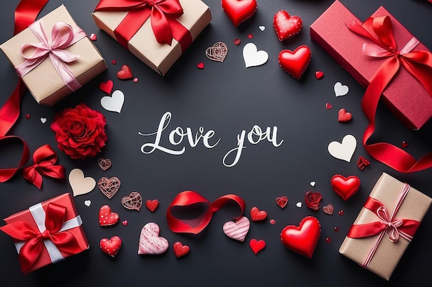 Sfondo del giorno di San Valentino Composizione romantica con Love you messaggio scatola regalo nastri rossi e cuori