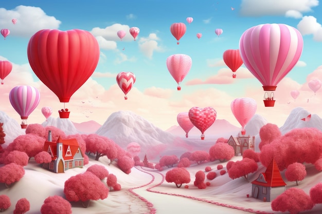 Sfondo del giorno di San Valentino con palloncini d'aria calda nel cielo Illustrazione 3D dello sfondo del giorno di San Valentino con cuori e palloncini d'aria calda AI Generato