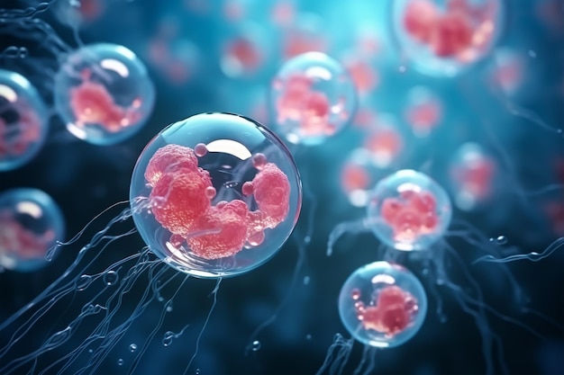 Sfondo del microscopio delle cellule umane o delle cellule staminali embrionali Sfondo della scienza medica