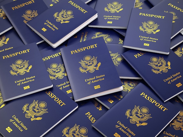 Sfondo del passaporto USA. Immigrazione o concetto di viaggio. illustrazione 3D