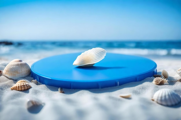 Sfondo del podio in plastica blu piatto con conchiglia in riva al mare materiali iperrealistici