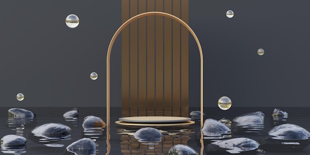 Sfondo del podio in stile giapponese Display podio Bottino sulla superficie dell'acqua Stile Zen Podio circolare