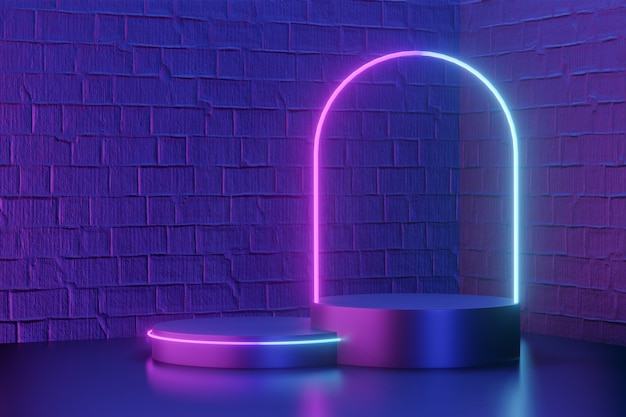 Sfondo del prodotto digitale. Due podi cilindrici rotondi neri con arco luminoso a led posto su sfondo di mattoni rosa blu scuro. Rendering dell'illustrazione 3D.