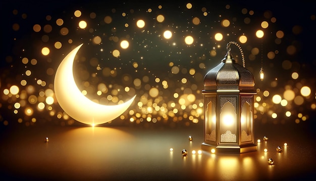 sfondo del Ramadan con una lanterna tradizionale e luna crescente su sfondo di luci bokeh dorate
