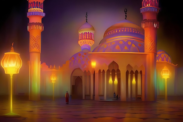 Sfondo del Ramadan Moschea colorata Lanterna con luci incandescenti