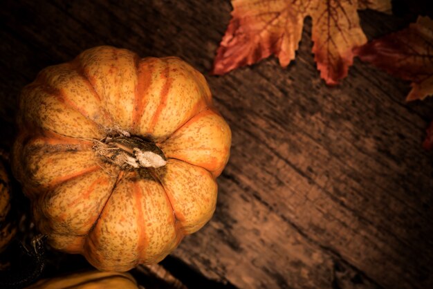 Sfondo del ringraziamento con frutta e verdura su legno in autunno e stagione del raccolto autunnale. Copia spazio per il testo.