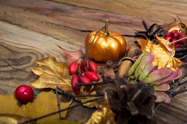 Sfondo del ringraziamento con zucca d'oro e foglie di acero