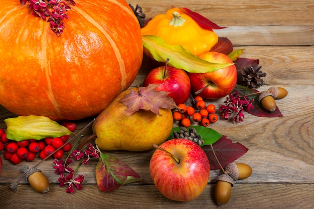 Sfondo del ringraziamento o raccolto con zucca, mele, zucca