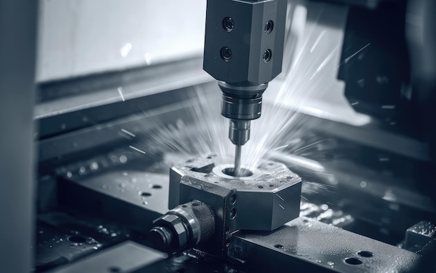 Sfondo del settore della tecnologia moderna Taglio laser industriale CNC di metallo con scintilla IA generativa