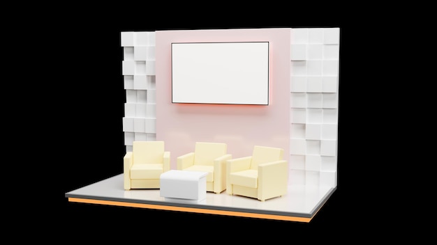 Sfondo del talk show della fase di presentazione con divano da tavolo su sfondo nero rendering 3D