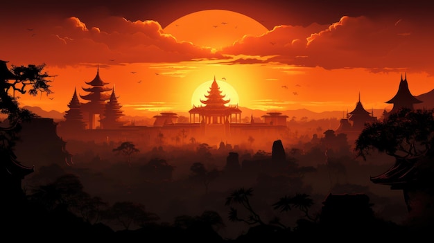 Sfondo del tramonto del tempio della siluetta