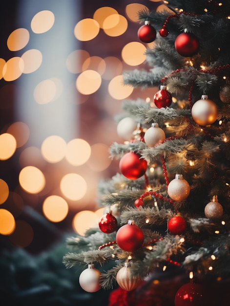 Sfondo dell'albero decorato per il Natale con luci bokeh