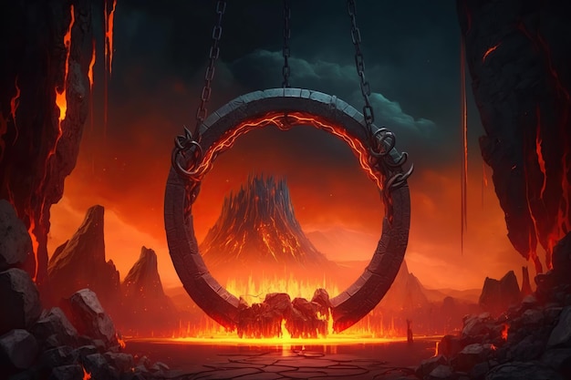 Sfondo dell'arena di battaglia del gioco con paesaggio infernale con piattaforma del cerchio di pietre appesa a catene di metallo.