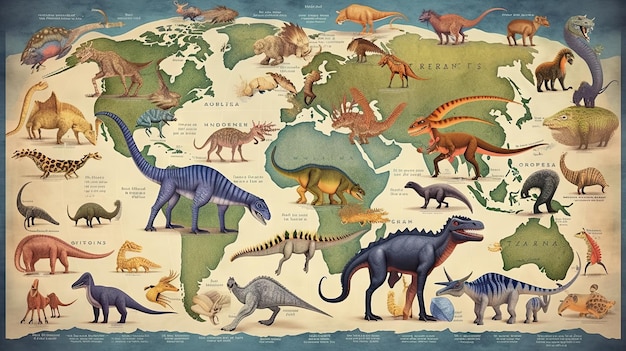 Sfondo dell'età dei dinosauri della mappa del mondo IA generativa