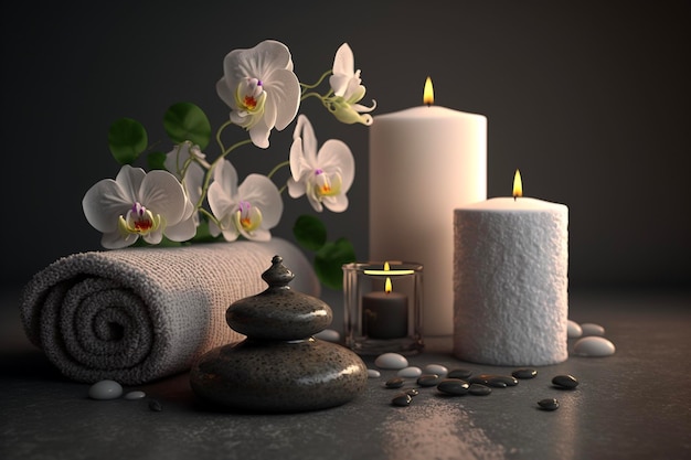 Sfondo dell'orchidea della candela del tovagliolo del centro della stazione termale e delle pietre di massaggio