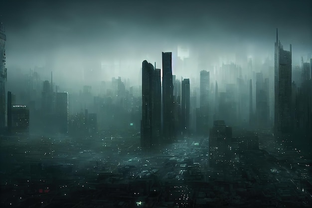 Sfondo della città Città cyberpunk futuristica distopica di notte Rendering 3d Illustrazione raster