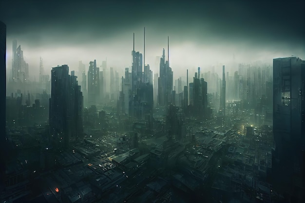 Sfondo della città Città cyberpunk futuristica distopica di notte Rendering 3d Illustrazione raster