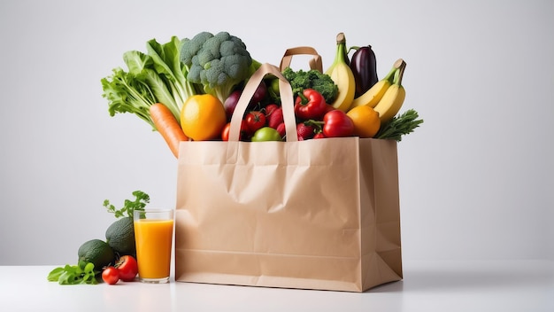 sfondo della consegna di cibo sano Presenta una borsa di carta piena di frutta e verdura