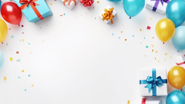 Sfondo della festa di compleanno con spazio per la copia Cornice per le vacanze con coriandoli regalo a palloncino colorato e streamer Vista dall'alto Creato con la tecnologia generativa AI